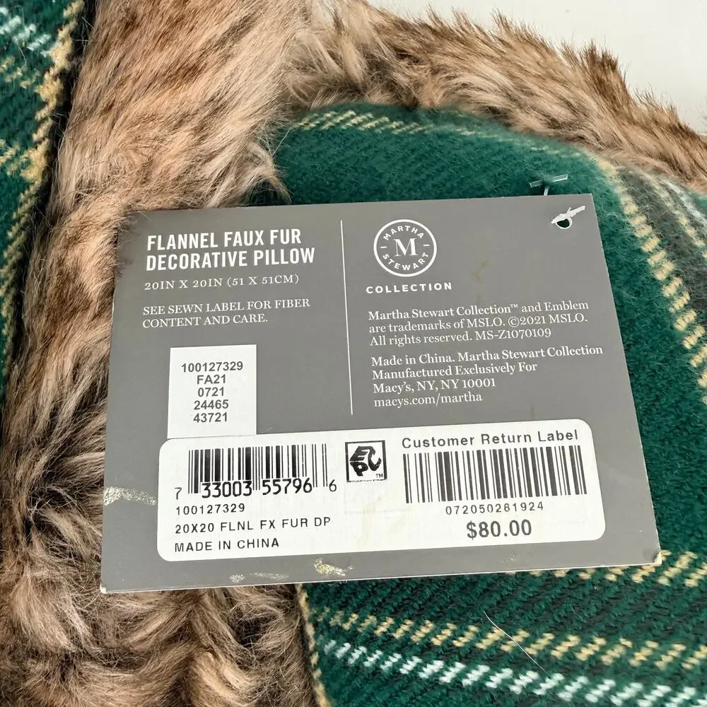 Martha Stewart 20x20 Green Plaid Flannel Faux Fur Decorative Throw Pillows Pair